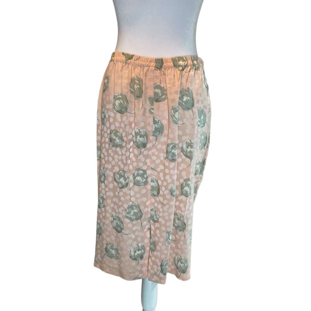 Vintage 100% Silk Pink with Pale Green Floral Elastic Waist Midi Skirt Size 12 - Picture 3 of 11
